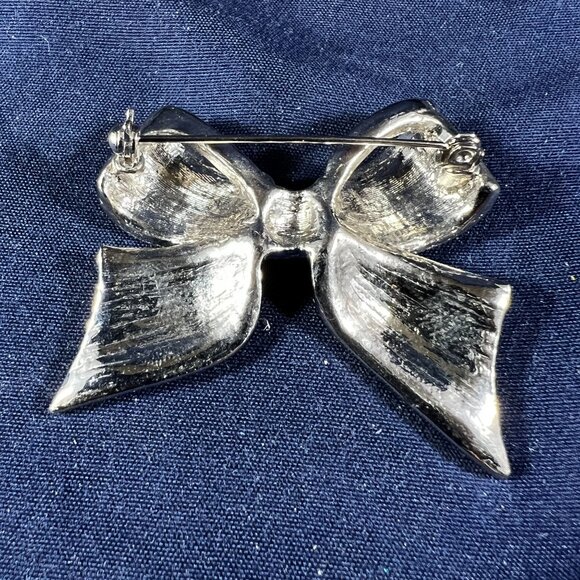Blue Enamel & Rhinestone Bow Brooch Jewelry Pin - Picture 2 of 2